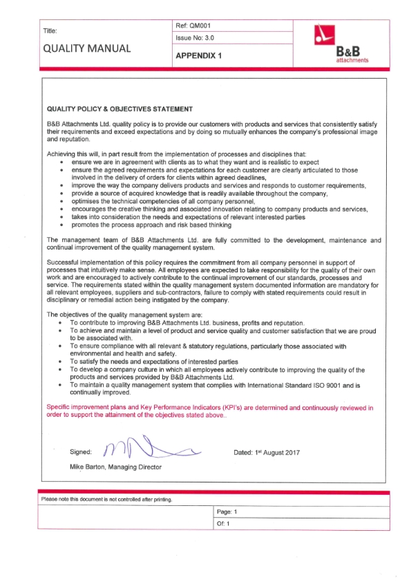 B&B Attachments - Working towards upgrade to ISO 9001:2015